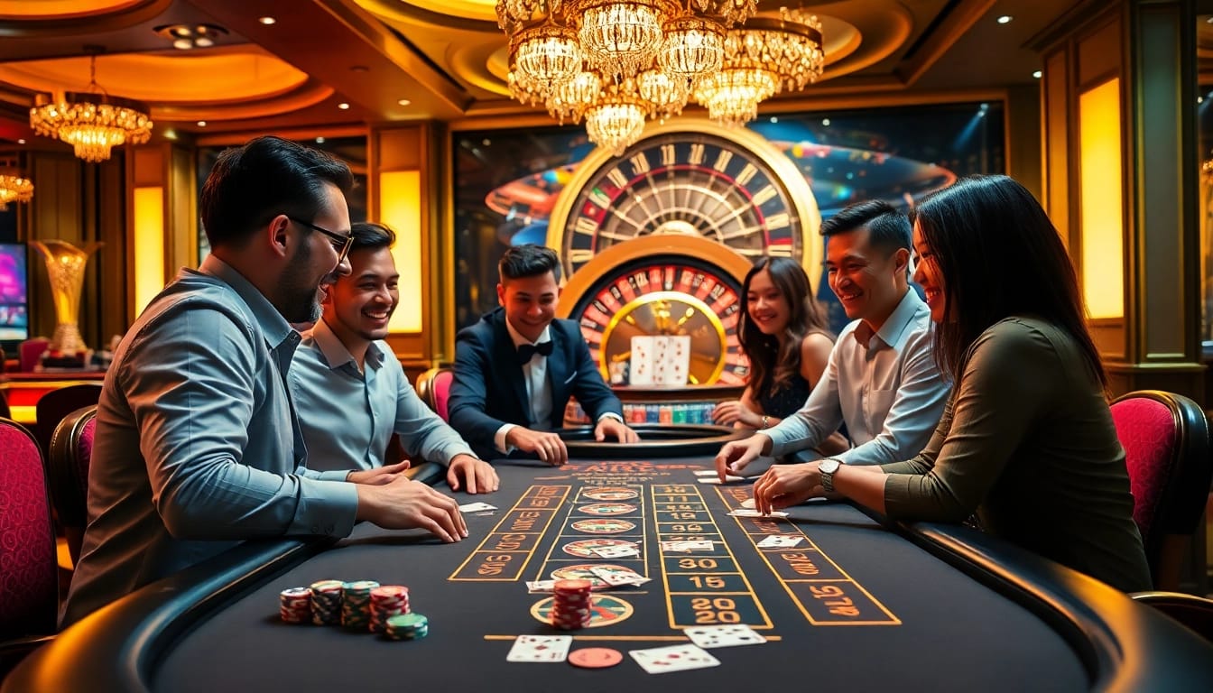 Players enjoying a thrilling Blackjack game at 98win with vibrant casino decor.