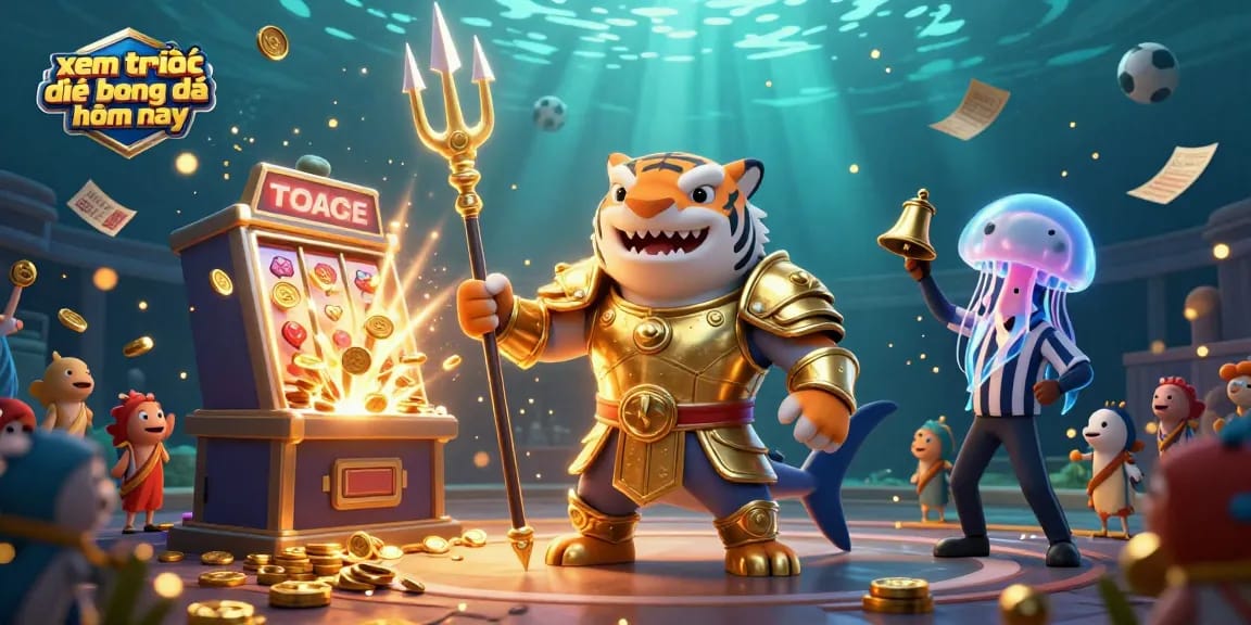 Engage with xem trực tiếp bóng đá hôm nay while enjoying this vibrant 3D casino scene with a tiger shark in gladiator armor.