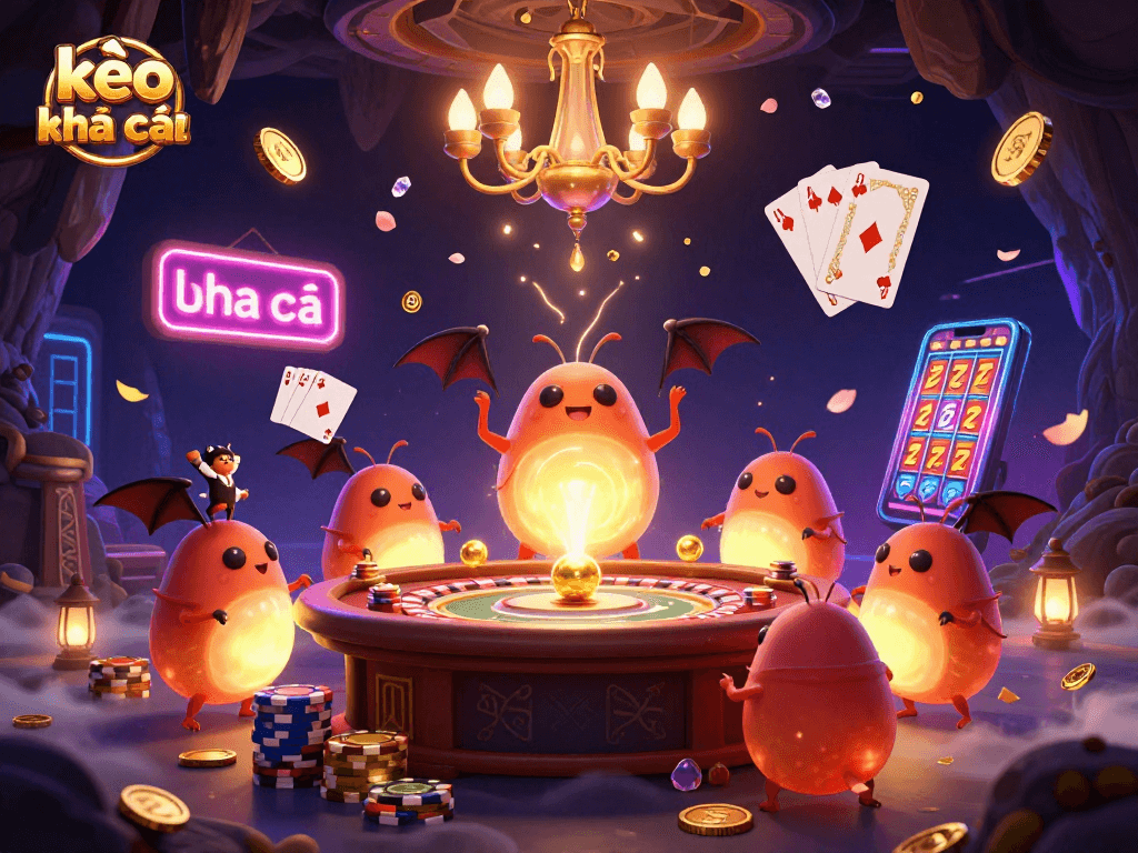 Experience thrilling gambling with kèo nhà cái, capturing vibrant casino action with animated glowworms and dynamic game elements.