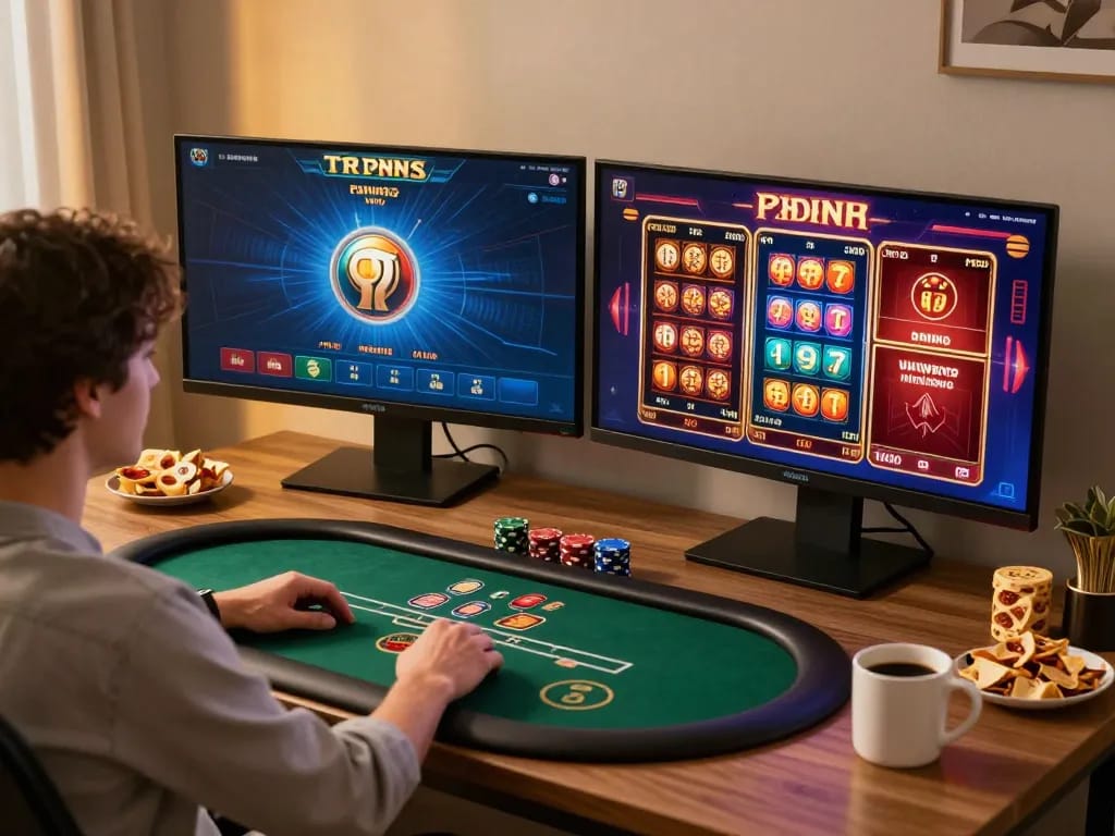 Player engaging with 23Win online casino, showcasing a vibrant gaming setup with poker and slots.