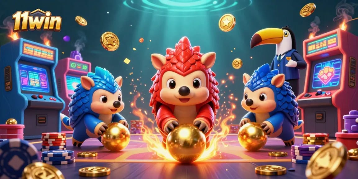 Experience the thrill of 11win as rival pangolins battle amidst golden chips and vibrant gaming elements.
