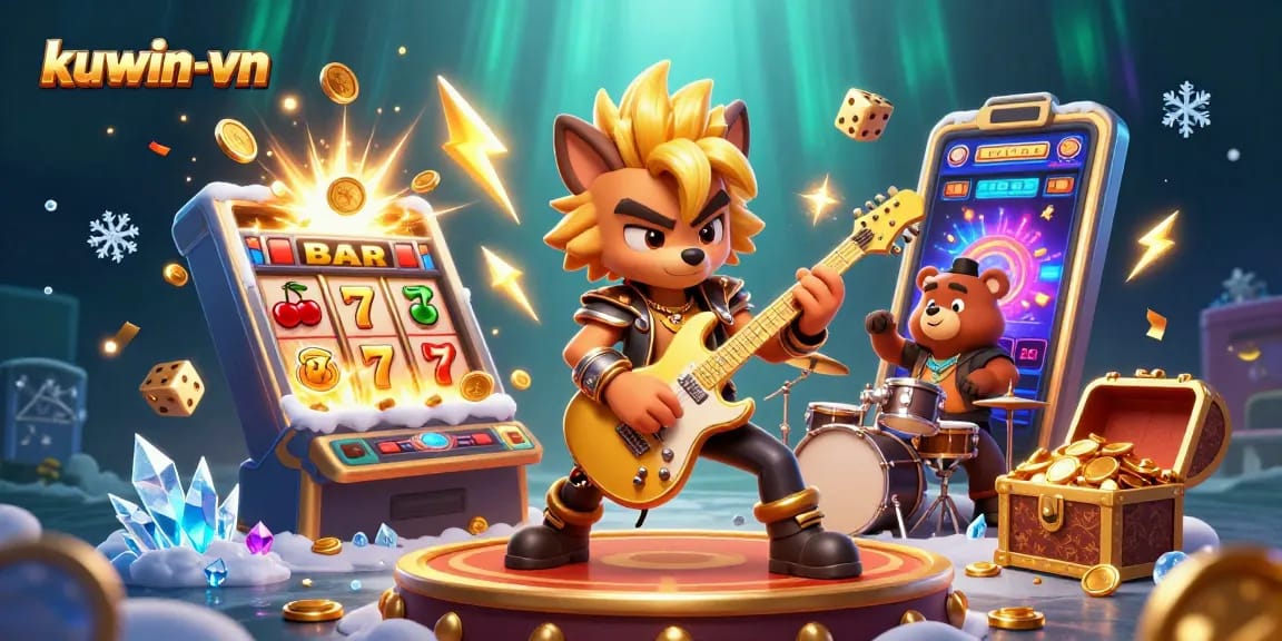 Experience exciting gameplay with kuwin-vn while a rock star wolf shreds music on a vibrant casino stage.