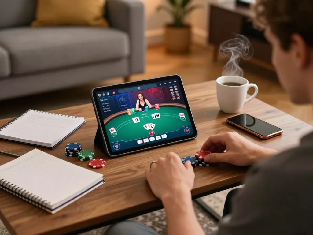 uu88 player strategizing with tablet in cozy home for an engaging poker experience