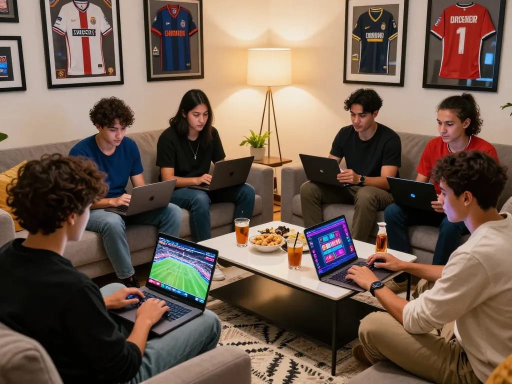 SBOBET88 online gaming scene with friends enjoying a betting night, showcasing vibrant atmosphere and sports graphics.