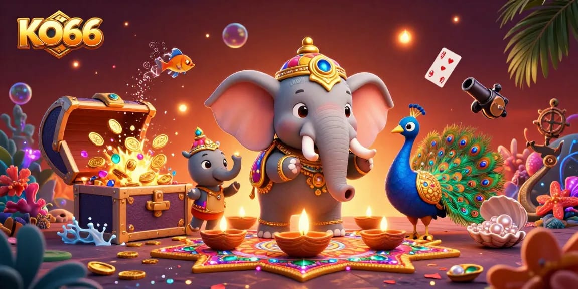 Engage with KO66's vibrant gaming world featuring a colorful elephant and treasures.