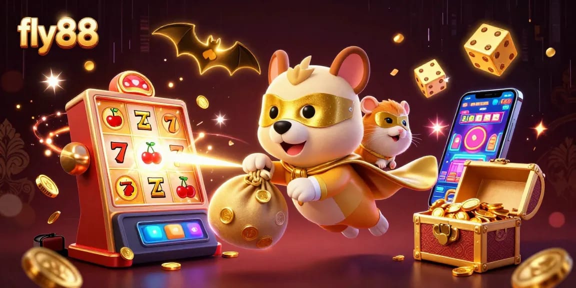 fly88 showcases vibrant gaming excitement with a superhero dog, jackpot reels, and gold coins bursting in 3D