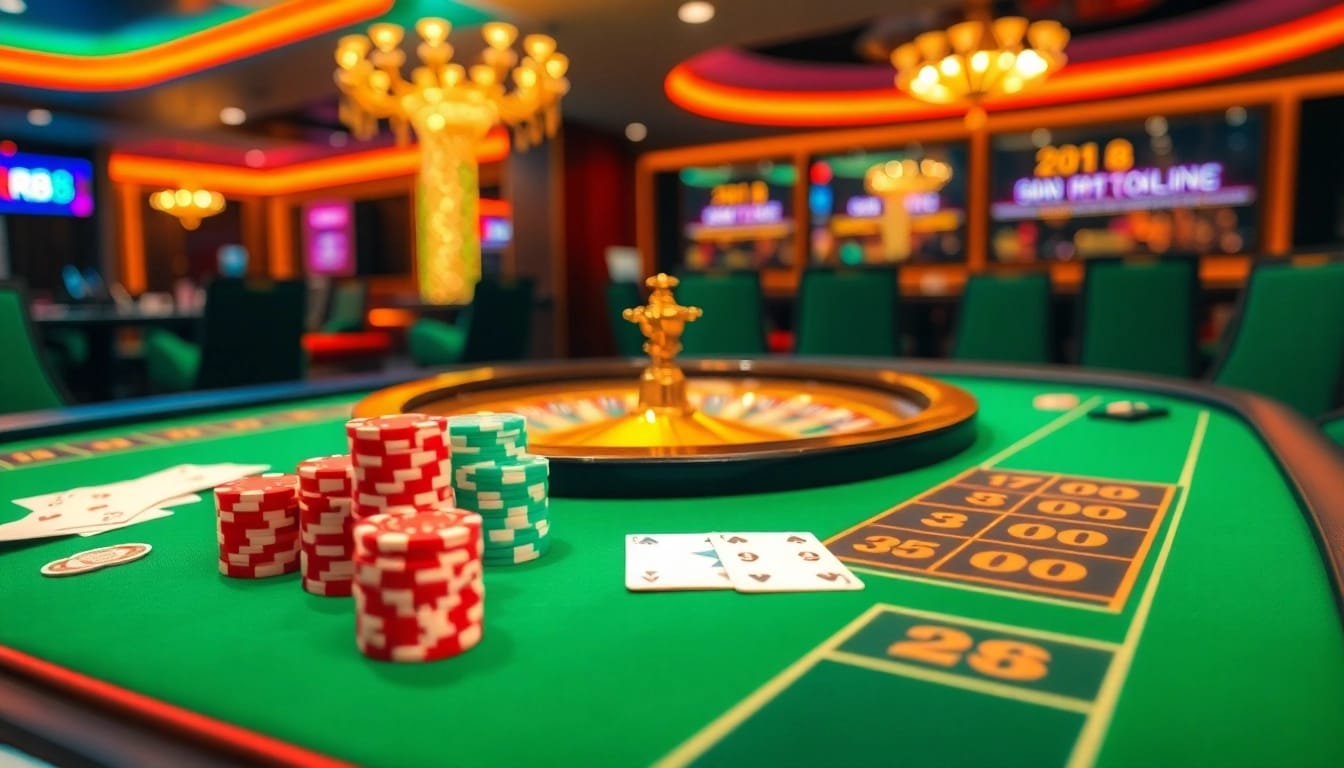 Experience thrilling gameplay at RR88 with vibrant casino elements like poker chips and cards.
