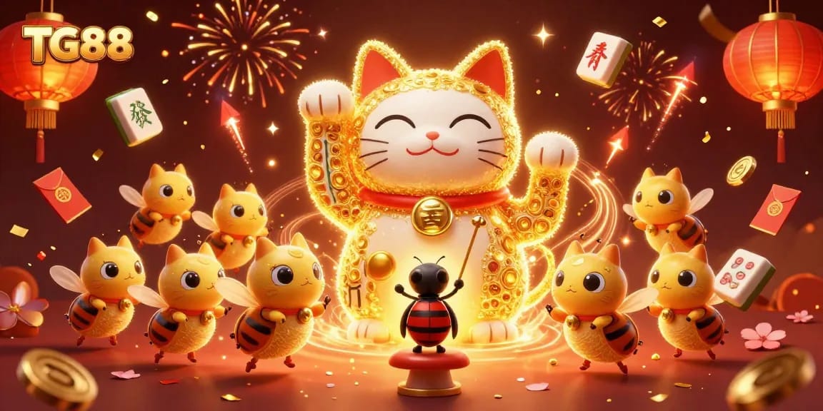 Engage with TG88's vibrant casino energy featuring a whimsical lucky cat and festive elements.