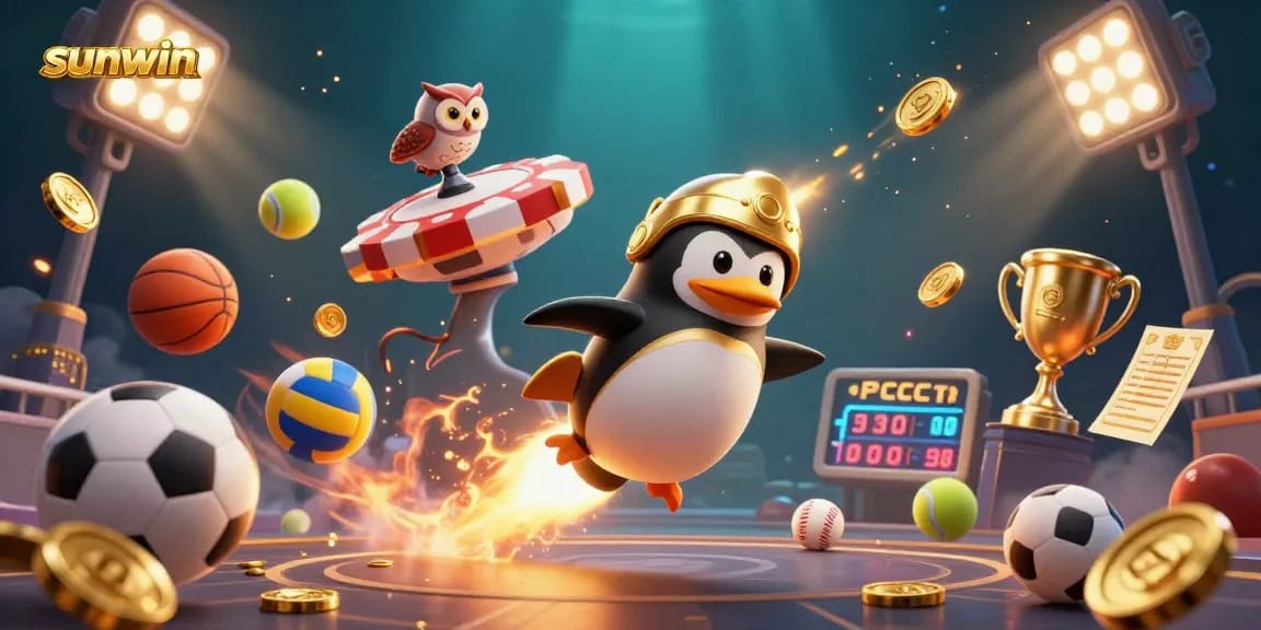 Experience sunwin's thrilling casino adventure with a golden penguin jetting towards a poker chip space station.