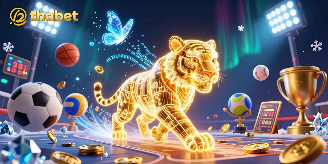 Engage with thabet's vibrant casino universe, featuring a golden tiger and dynamic gaming elements.
