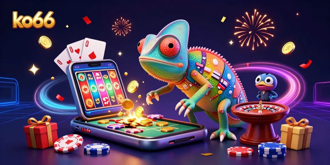 Engage with ko66's vibrant casino energy, featuring a chameleon owner amid a whirlwind of winnings and playful games.