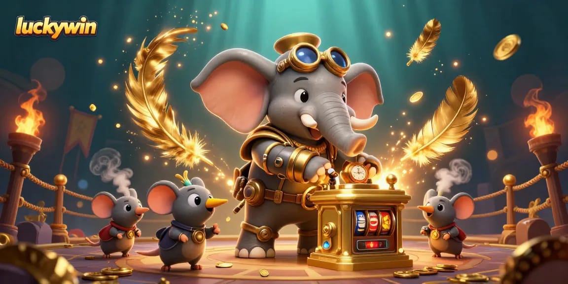 Luckywin showcases a steampunk elephant engineer operating a slot machine amidst dynamic casino elements and golden sparkles.