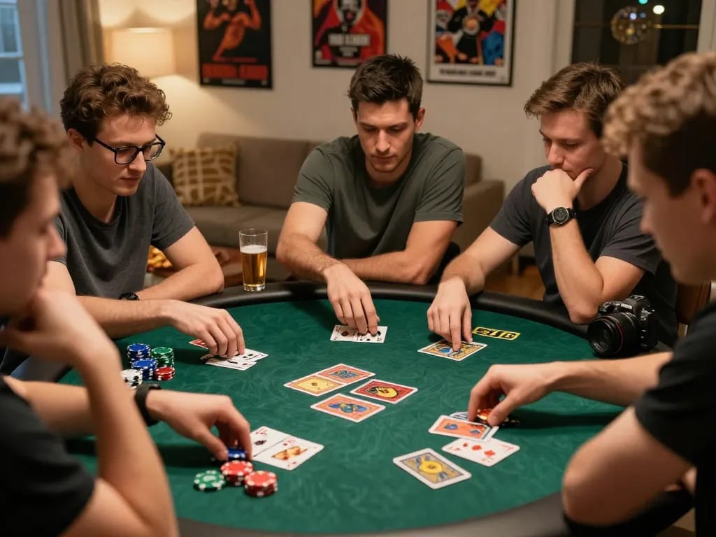 Exciting group of friends playing cards for the 789 club in a lively home setting.