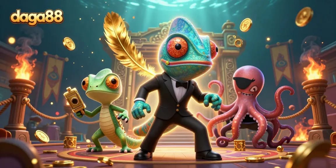 Dive into the thrill of daga88 with interactive gameplay featuring a chameleon agent and epic casino elements.