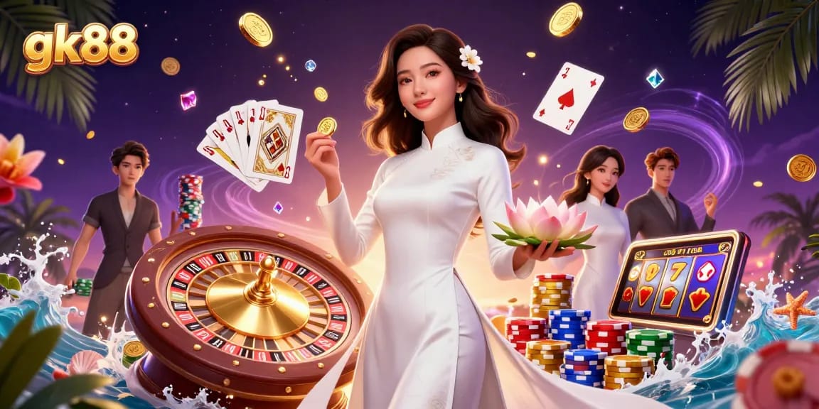 Experience big wins and casino excitement at gk88 with a stunning illustrated scene of games and rewards.