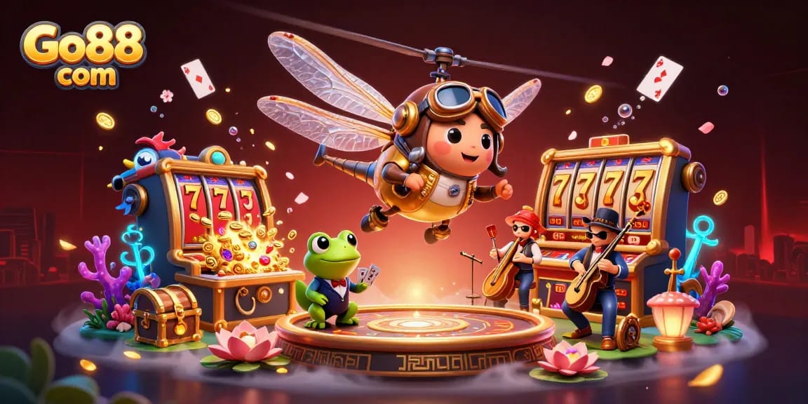 Experience Go88 com with a dazzling card deal by a frog croupier amid vibrant casino excitement.