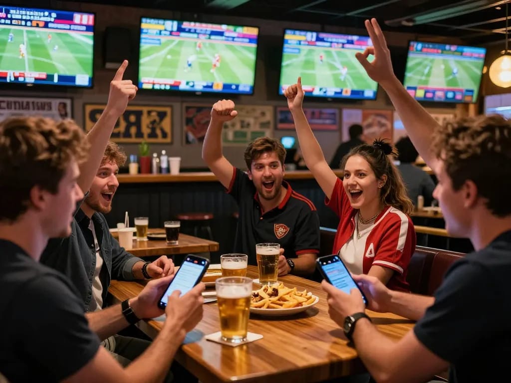 Tỷ lệ kèo nhà cái hôm nay seen in lively sports bar with bettors placing wagers on mobile devices.