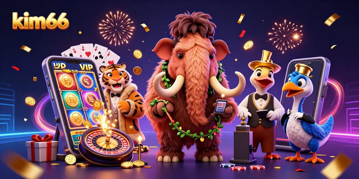 kim66 welcomes players with a vibrant casino scene featuring a woolly mammoth bouncer and slot games.