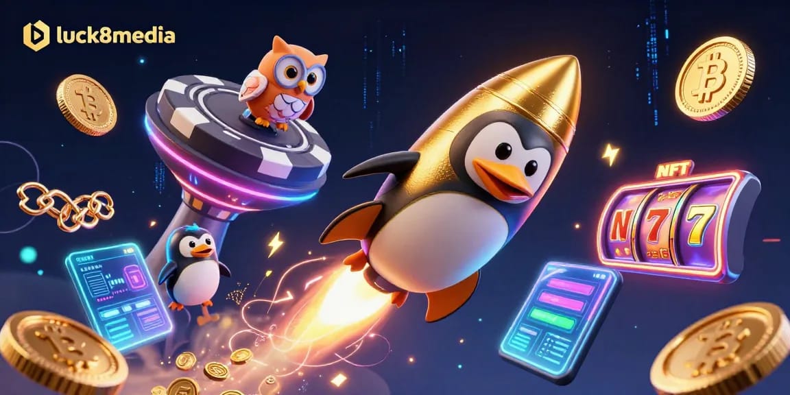 Join the excitement at luck8media with a golden penguin navigating through a vibrant casino universe.
