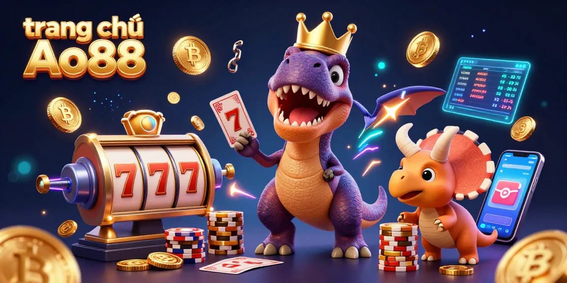 Join the fun at trang chủ Ao88 with a friendly dinosaur dealer shuffling cards in a vibrant casino scene.
