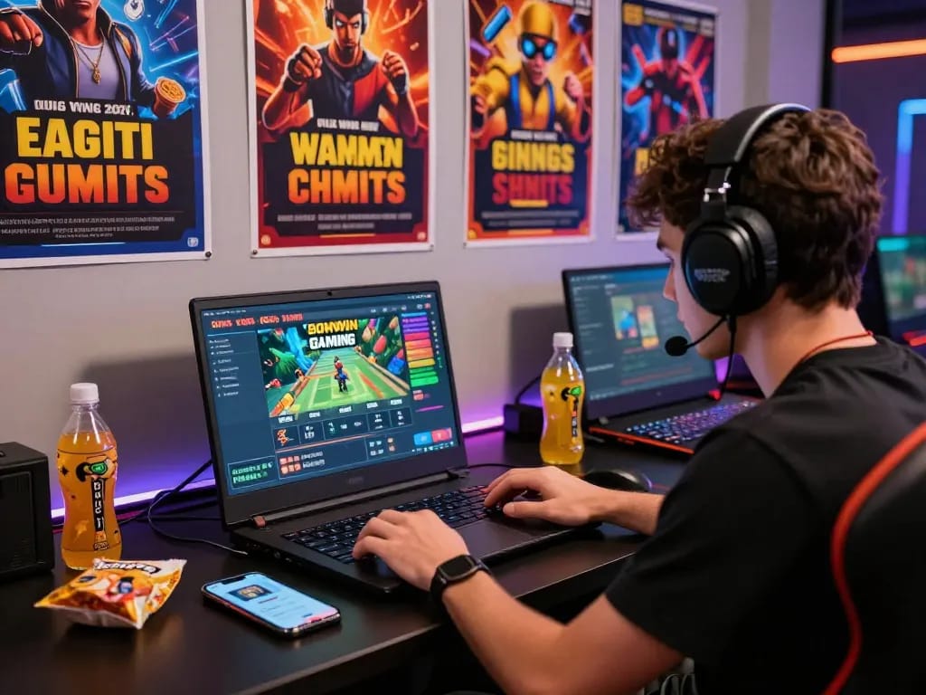 Engaged user immersed in the bomwin online gaming platform with colorful gaming decor.
