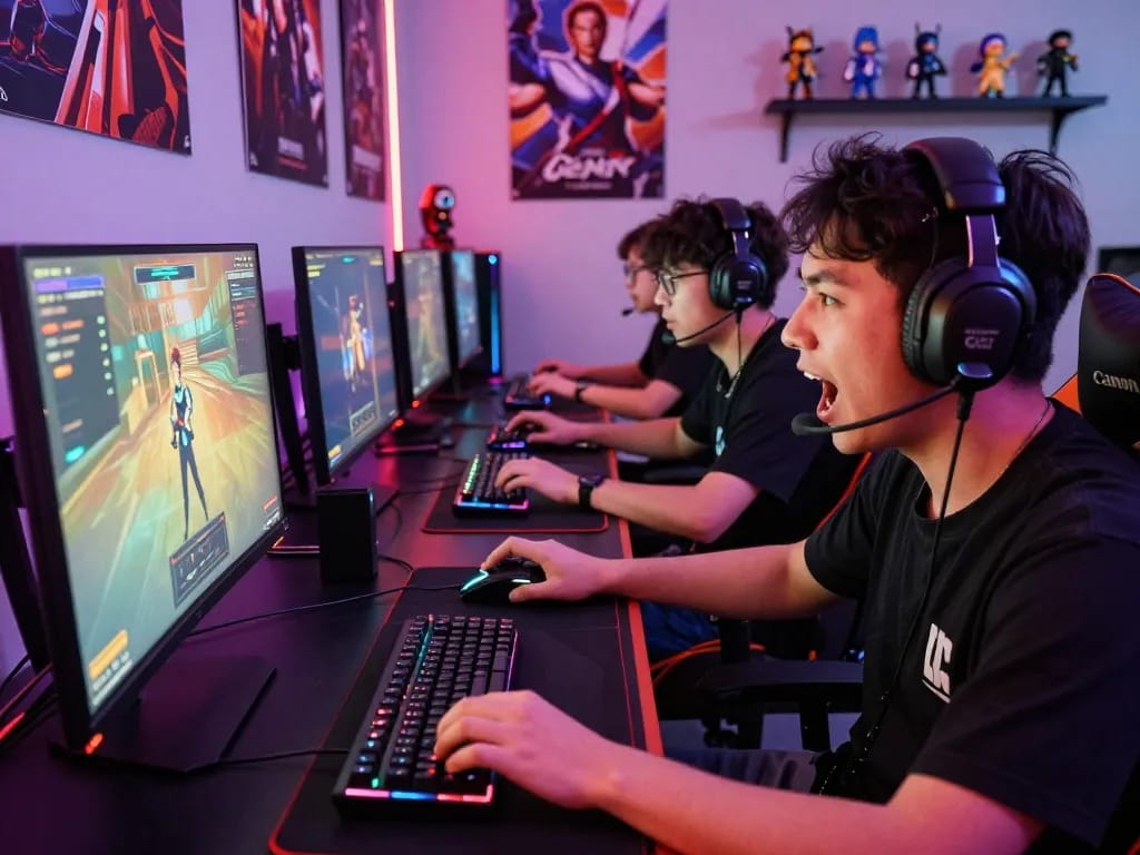 Engaged gamers competitively playing on high-end setups in a dynamic sun win gaming environment.