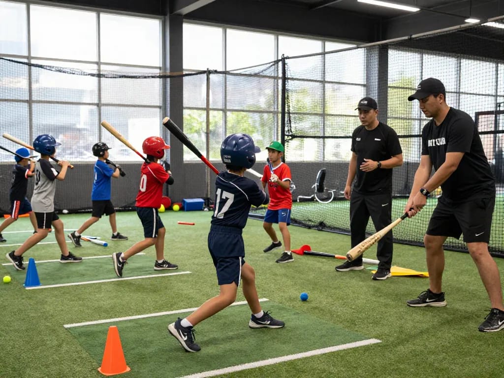 Young athletes training at Hit Club baseball facility, practicing swings with coaches in a focused and dynamic environment.
