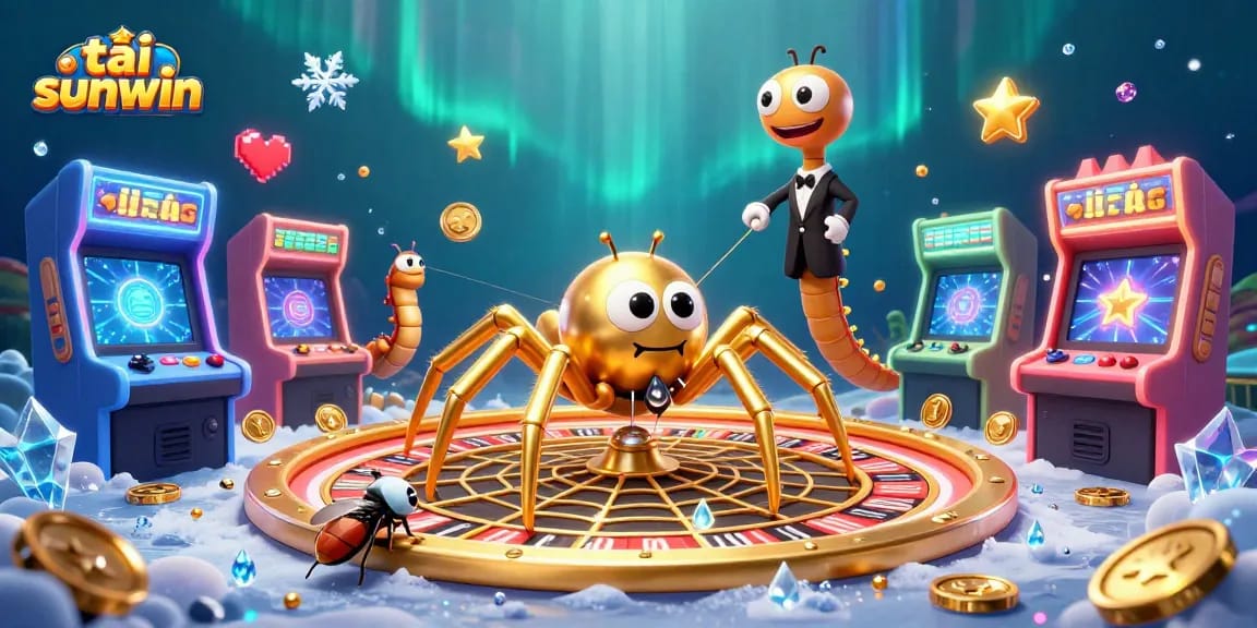 Play and score big with tải sunwin as a cartoon spider spins a roulette web surrounded by dazzling casino elements.