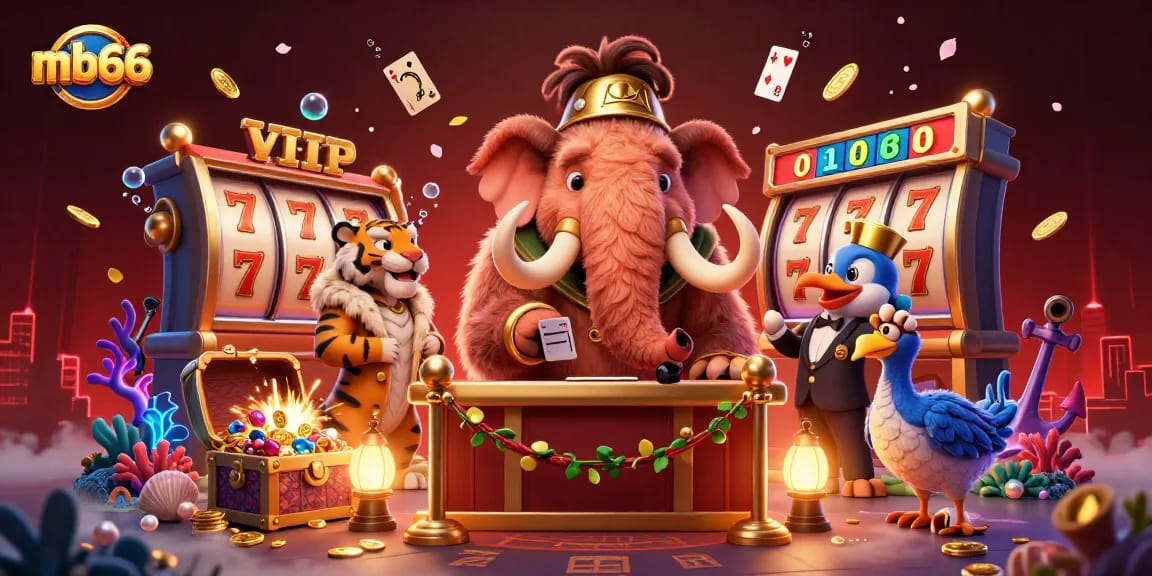 Experience the thrill of mb66 with a vibrant 3D casino scene featuring dynamic characters and gaming elements.