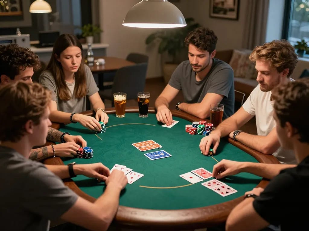 Friends enjoying a lively poker game at home, showcasing the interactive excitement of fly88 online gaming.