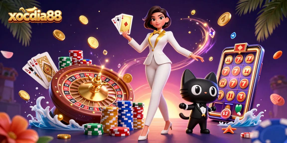 Xocdia88 captivates with a glamorous casino scene of winning moments and vibrant action.