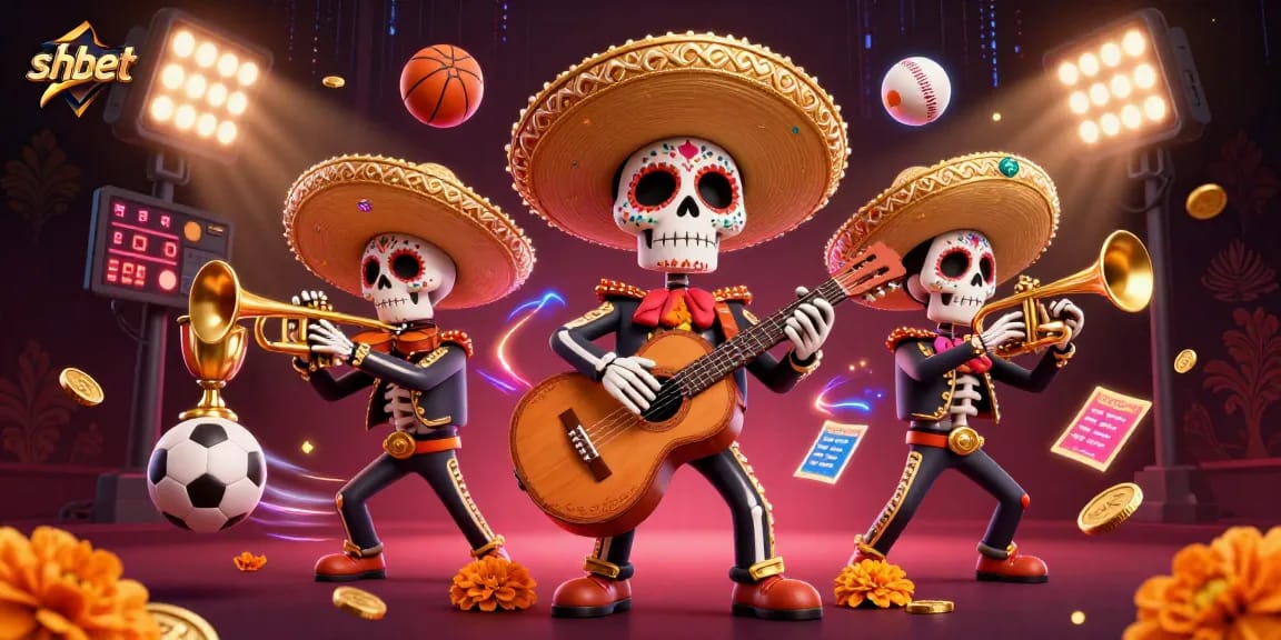 Experience thrilling moments at shbet with a vibrant mariachi band amidst sports excitement and dynamic betting visuals.