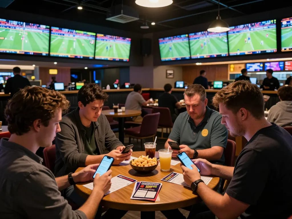 Pengguna SBOBET dengan antusias memasang taruhan langsung di aplikasi mobile dalam pengaturan sportsbook yang penuh warna