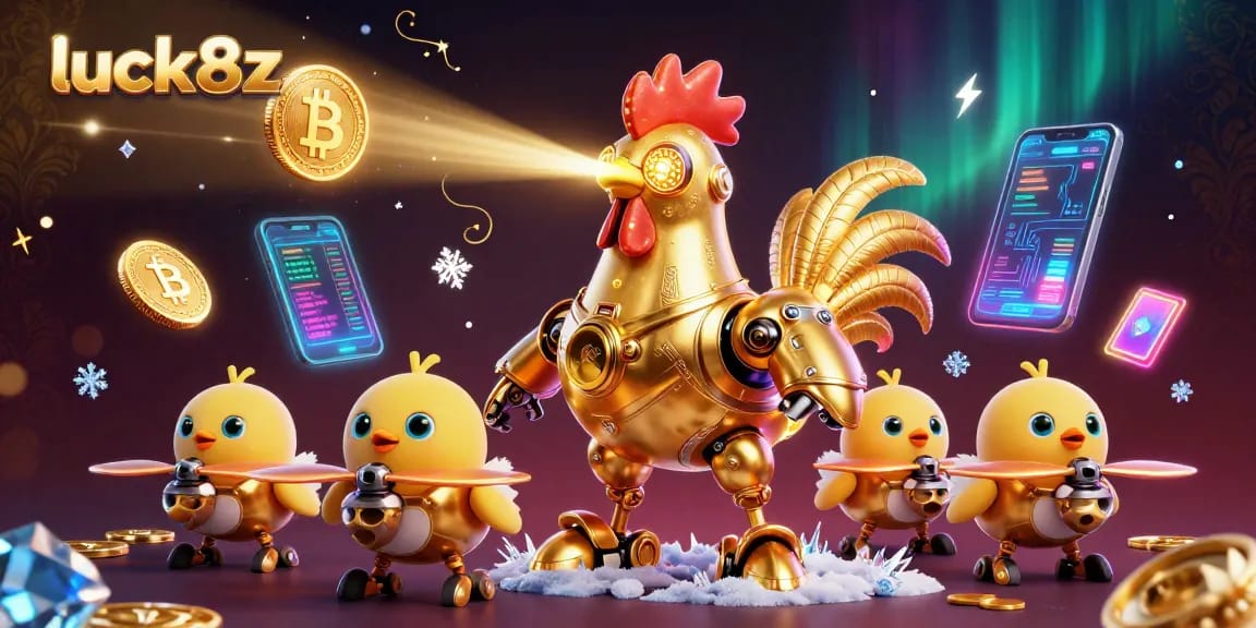 Engage with luck8z's immersive gaming experience featuring golden rooster robots and crypto coins.