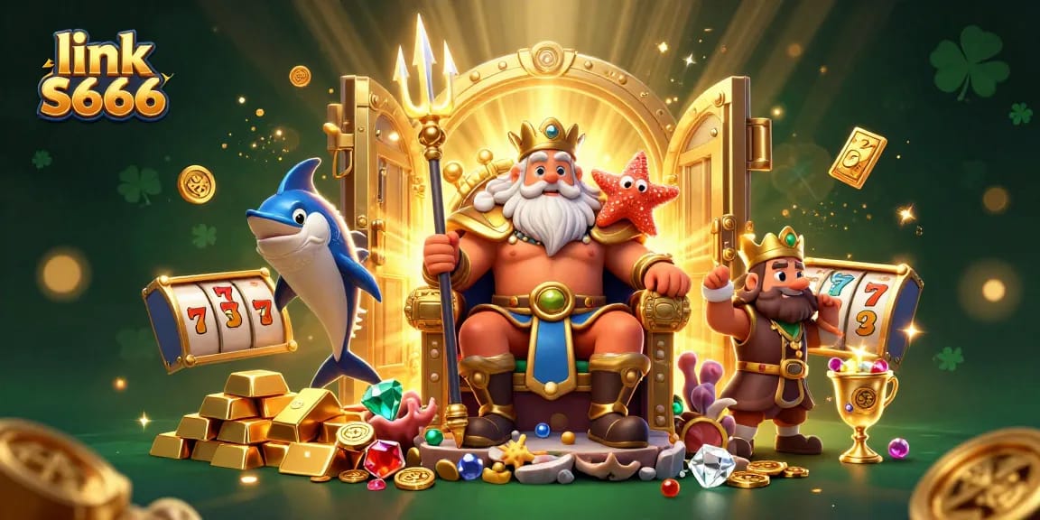 Experience the thrill of link S666 with Neptune and treasures, showcasing slot reels and gems in a vibrant casino scene.