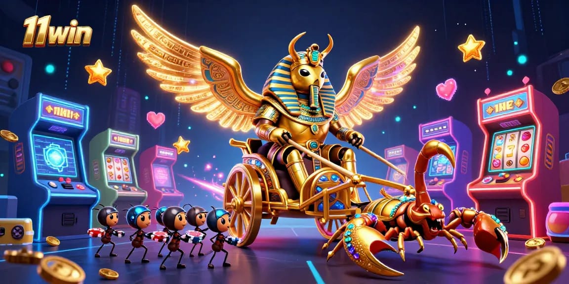 Experience the thrill of 11win with dynamic gaming elements featuring a colossal scarab and scorpions.
