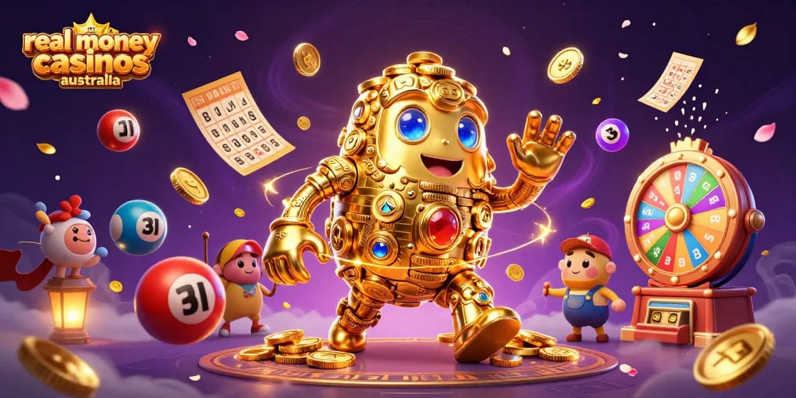Engage in real money casinos Australia with a lively 3D cartoon scene of golden golem amidst lottery elements.