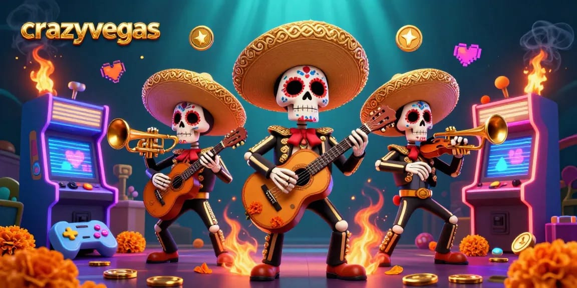 Experience swift wins with crazyvegas in this vibrant 3D mariachi scene filled with arcade colors and gaming dynamics.
