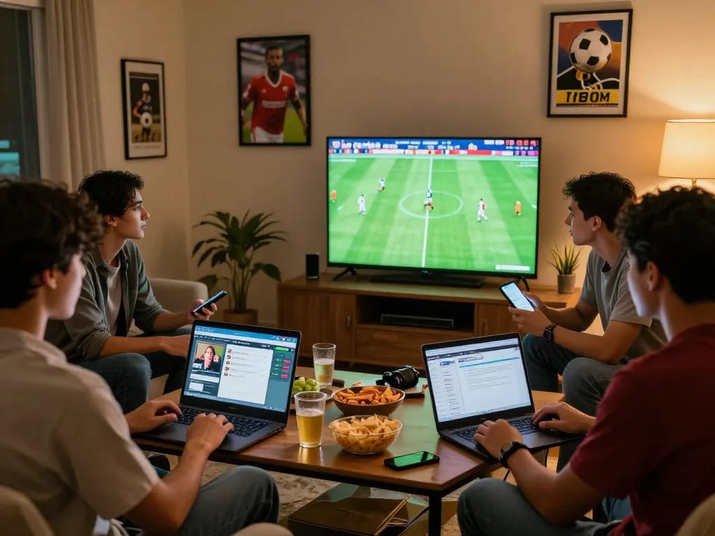 Engaged friends watching live football matches and using 1gom for sports betting.