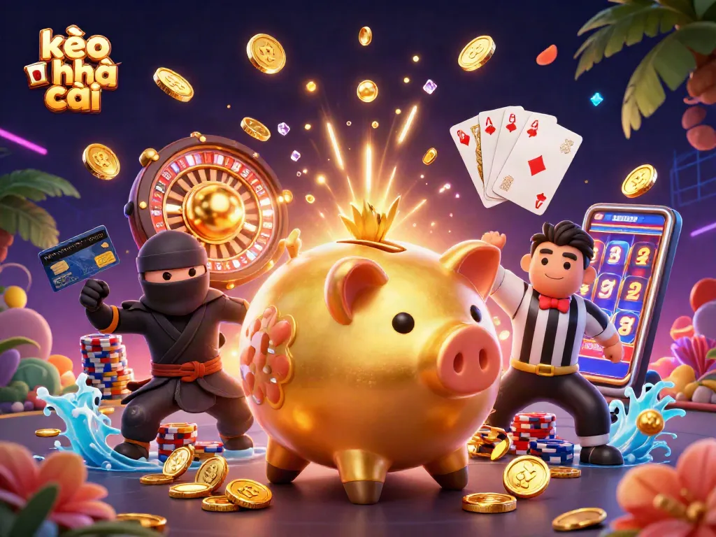 Engage with kèo nhà cái through a thrilling scene of cartoon characters battling for casino treasures.