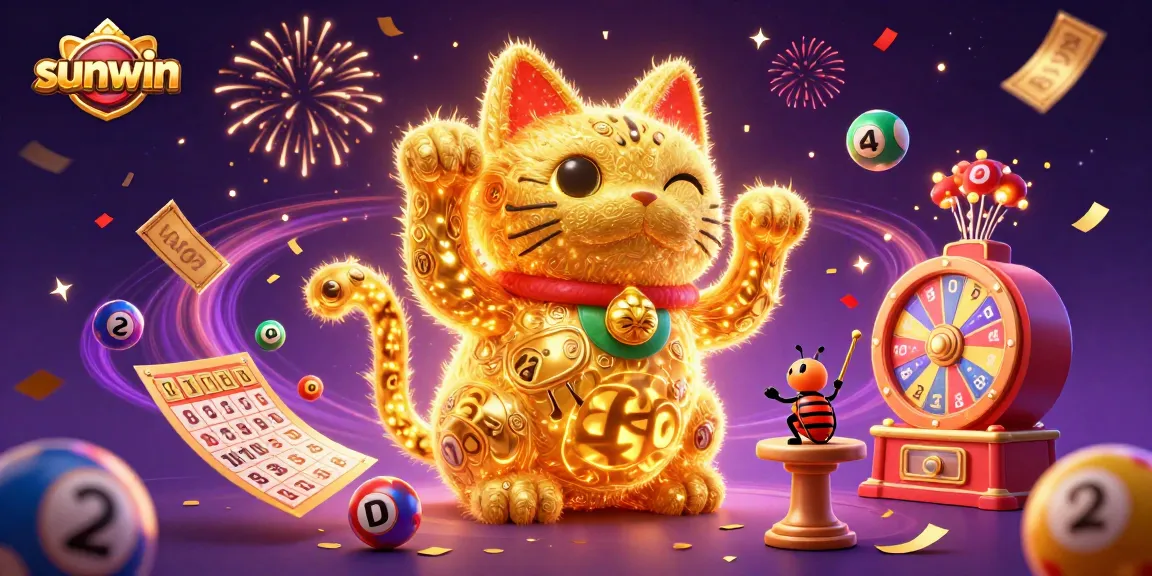 Experience thrilling gaming action with the sunwin lucky cat symbolizing fortune surrounded by vibrant casino elements.