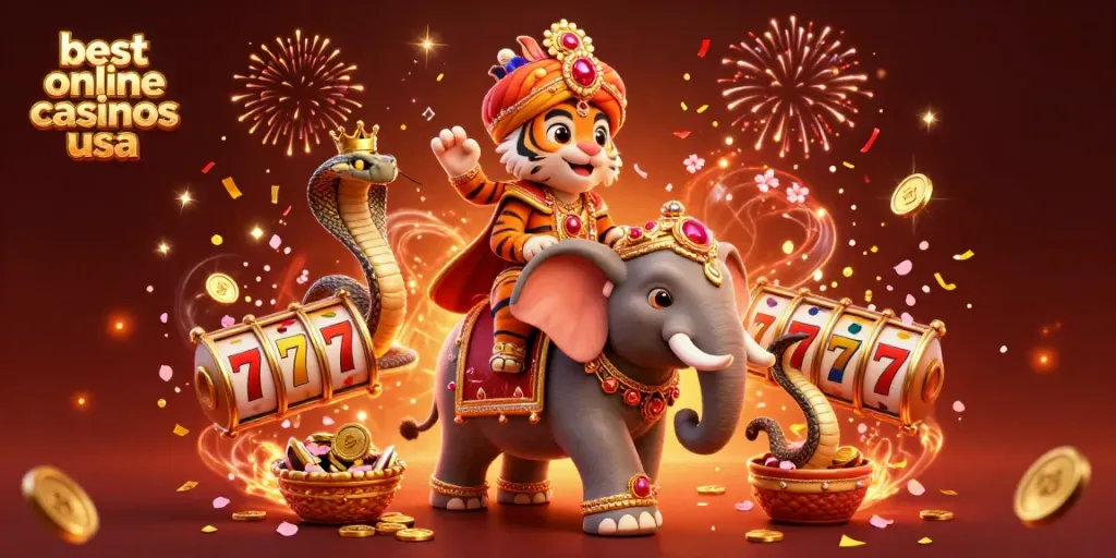 Join the best online casinos USA experience with a vibrant 3D scene of a maharaja tiger and elephant.