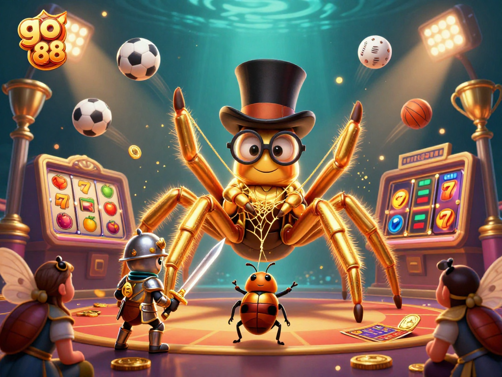 Engage with go 88's dynamic casino scene featuring a golden tarantula, beetle knight, and slot reels.