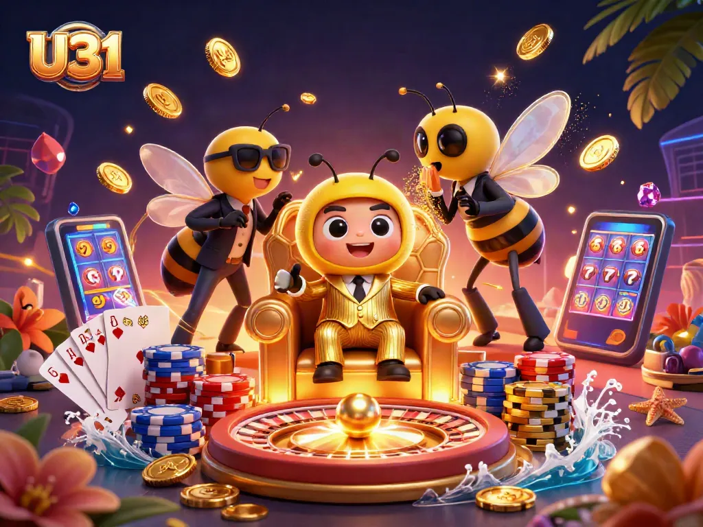 Engage with U31's exciting casino world through a dynamic scene filled with golden coins and vibrant gaming elements.