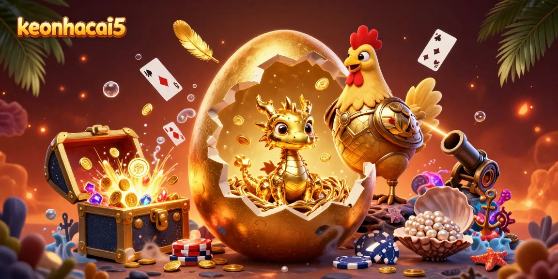 Engaging scene showcasing keonhacai5 with a golden dragon and poker chips amidst vibrant casino-themed elements.