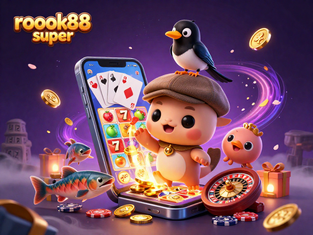 Engage with rokok88 super slots featuring baby Nessie and a playful magpie in a lively casino scene.
