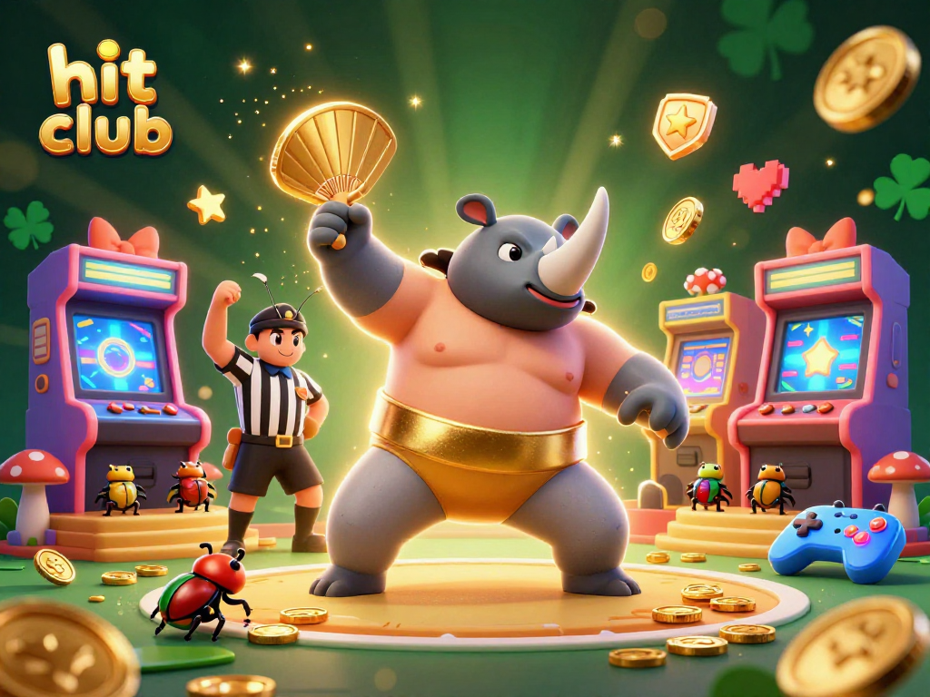 Experience the thrill of hit club with playful beetle champions stomping coins in a vibrant casino.