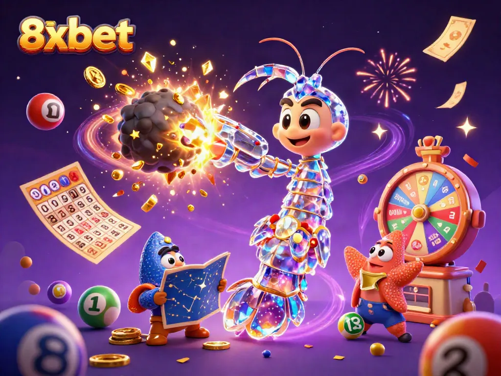 Engage in thrilling gaming adventures with 8xbet featuring a galactic samurai mantis shrimp in an energetic cosmic scene.