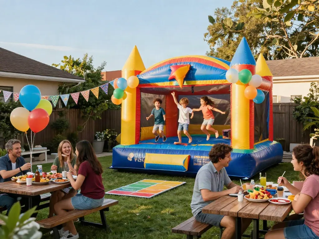 Children enjoying a colorful bounce house for sale during a festive outdoor party.