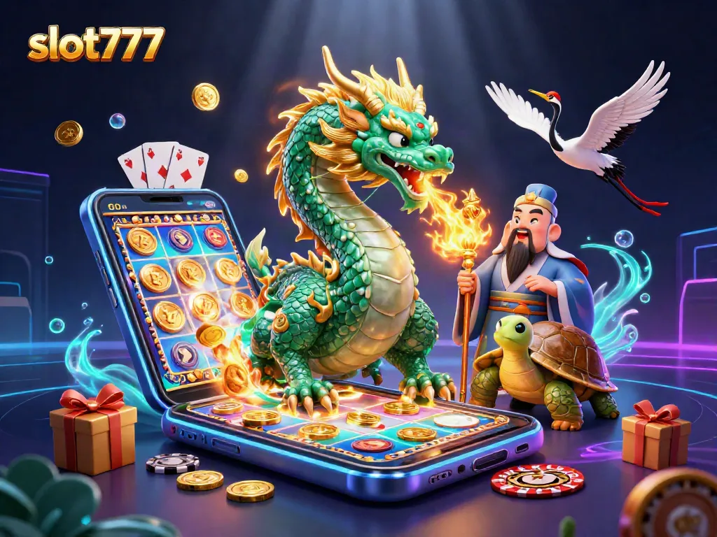 Experience the thrill of slot777 with magical characters and casino excitement in this vibrant illustration.
